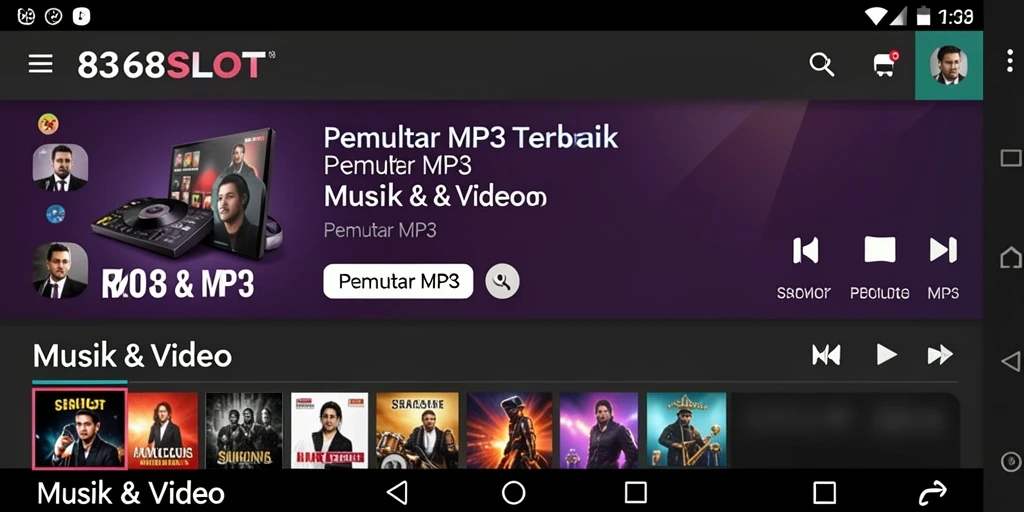 Tampilan antarmuka aplikasi Pemutar MP3 8368SLOT yang menarik.