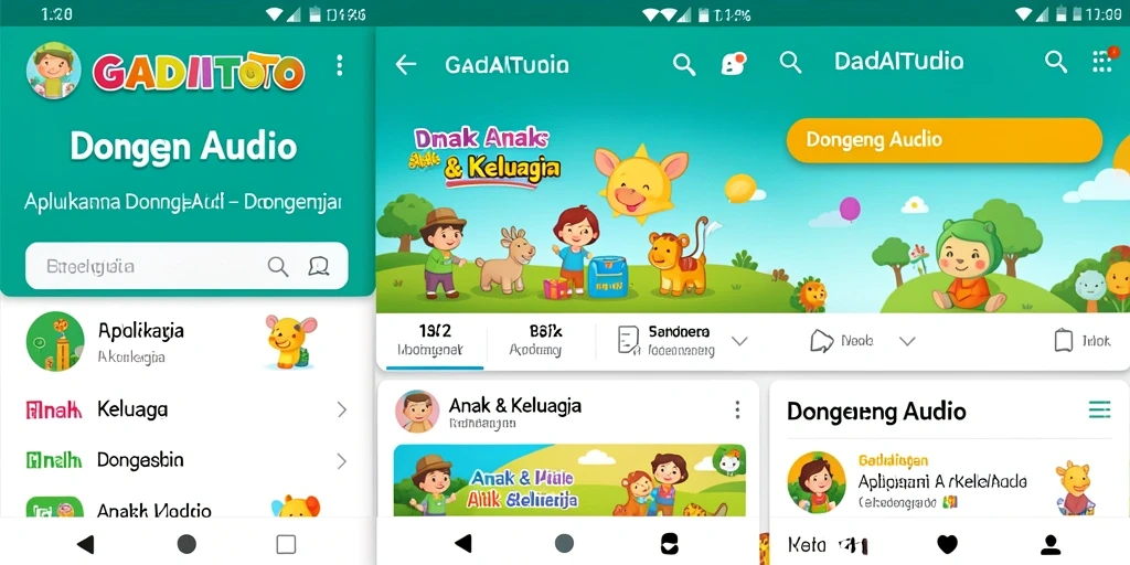 Antarmuka aplikasi GADAITOTO dengan berbagai pilihan dongeng audio.